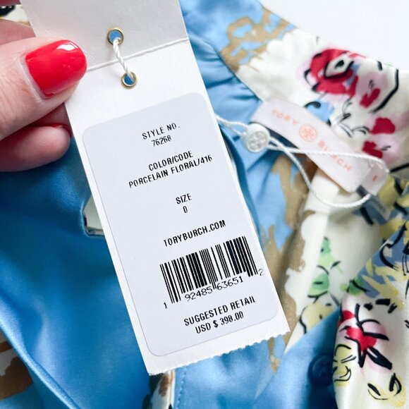 Tory Burch Printed Satin Bow Blouse Porcelain Floral Size 0 NEW NWT w/ flaws - Picture 9 of 15